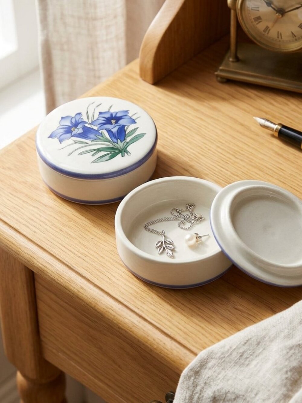 Vintage Waechtersbach Germany Blue Floral Trinket Box~Ceramic Covered Dish